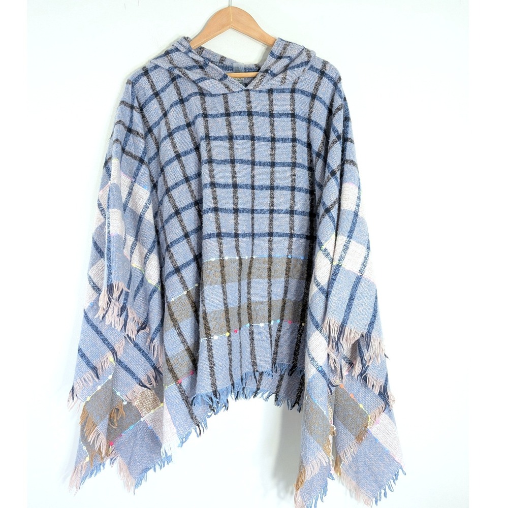 Marc New York Blue Plaid Poncho; Hooded Fringed Wrap One Size